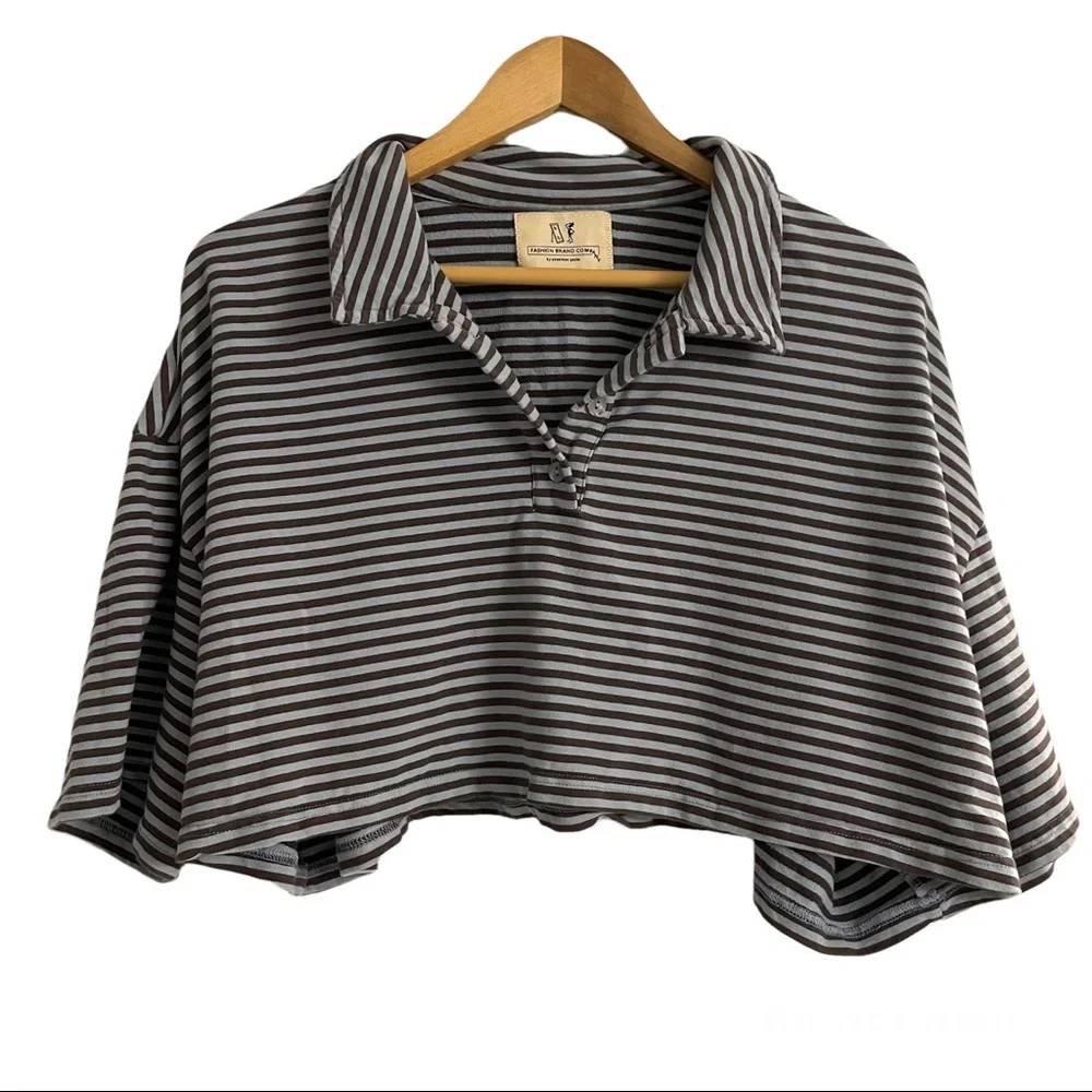 Fashion Brand Company by Penelope Gazin Blue Striped Cropped Collared Polo Shirt - Picture 1 of 5